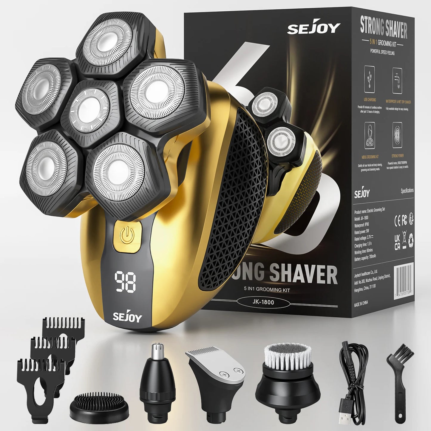 Sejoy JK-1800 Multifunctional Head Shavers for Bald Men 6 Floating Blade Rechargeable Nose Hair Trimmer Grooming Kit