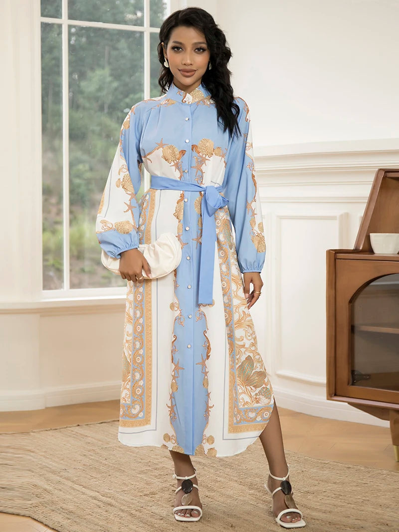 Elegant Women's Long-Sleeve Dress with Belt Chic Print