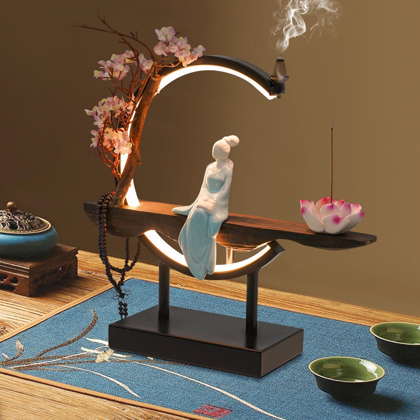 Classical Backflow Incense Burner Waterfall LED Backflow Smoke Flower Incense Censer Holder Home Decoration