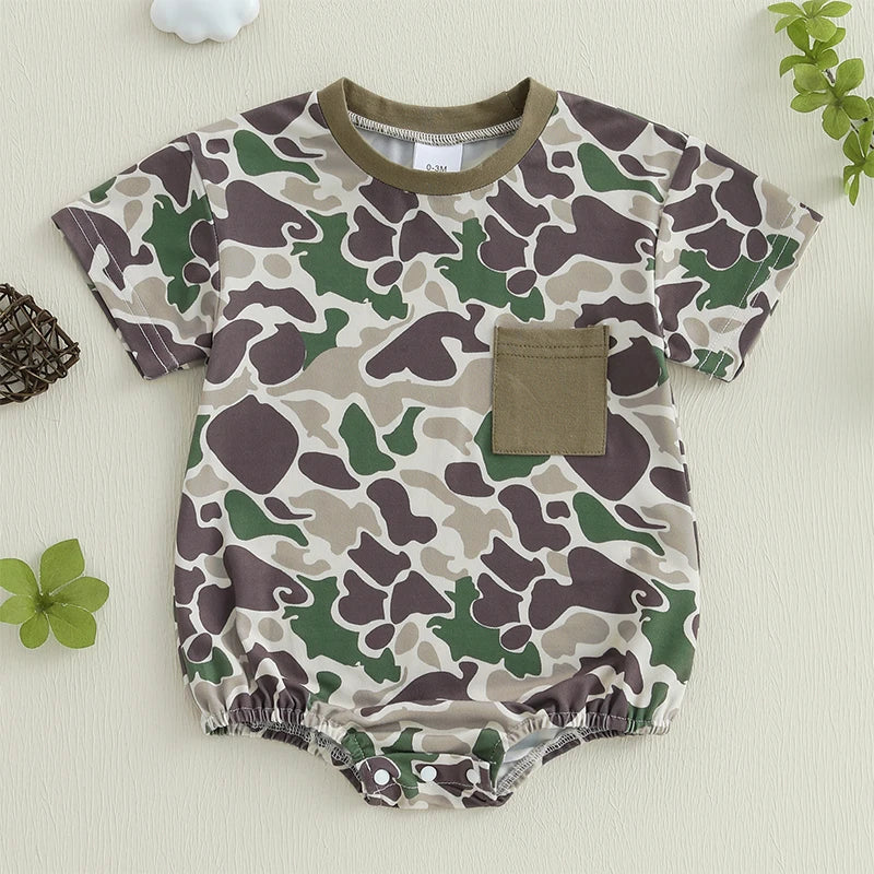 Toddler Boy Lightweight Cotton Short Sleeve Round Neck Camo Romper with Loose Fit
