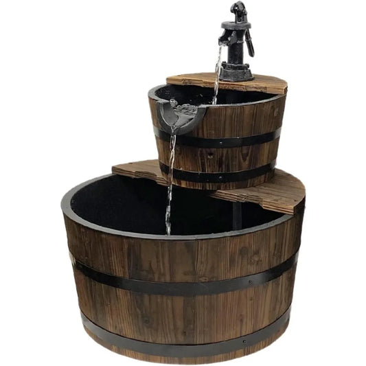 Tier Barrel Waterfall Fountain, Rustic Wood Barrel Feature