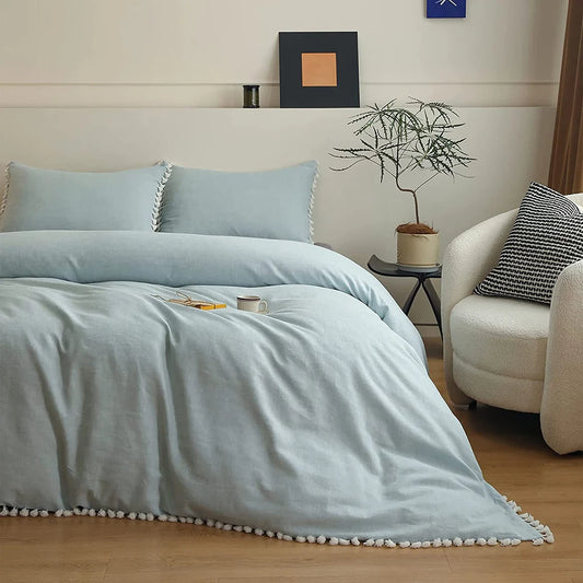 Boho Linen Cotton Bedding Set with Tassel Washed Comforter