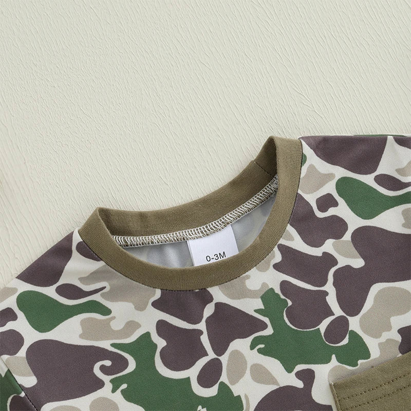 Toddler Boy Lightweight Cotton Short Sleeve Round Neck Camo Romper with Loose Fit