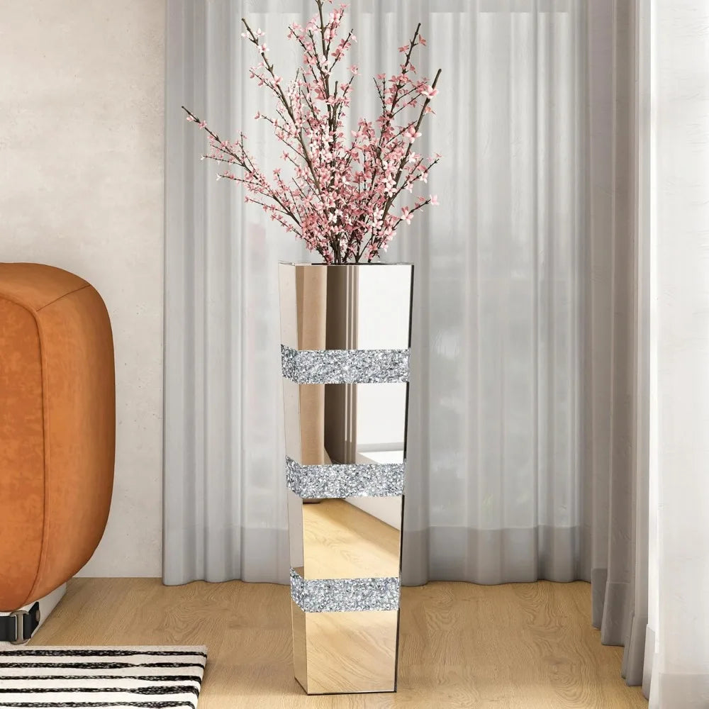 Mirrored Tall Floor Vase, 28 Inch Large Crushed Diamond Decor