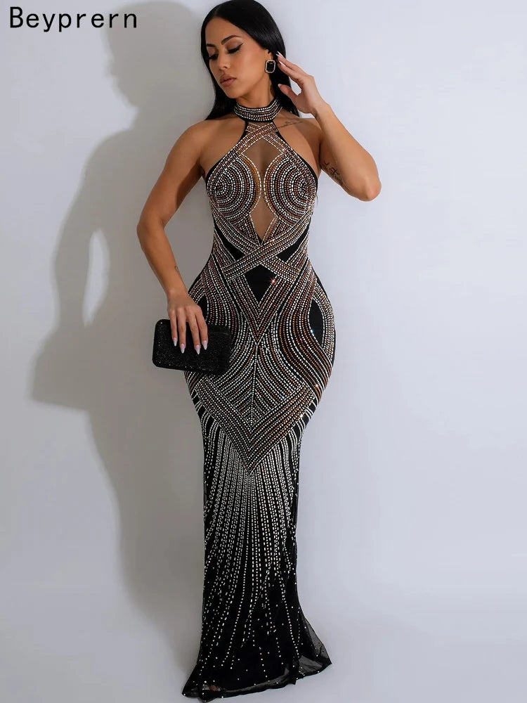 Beyprern Women's Rhinestones Décor Long Maxi Dress Glam
