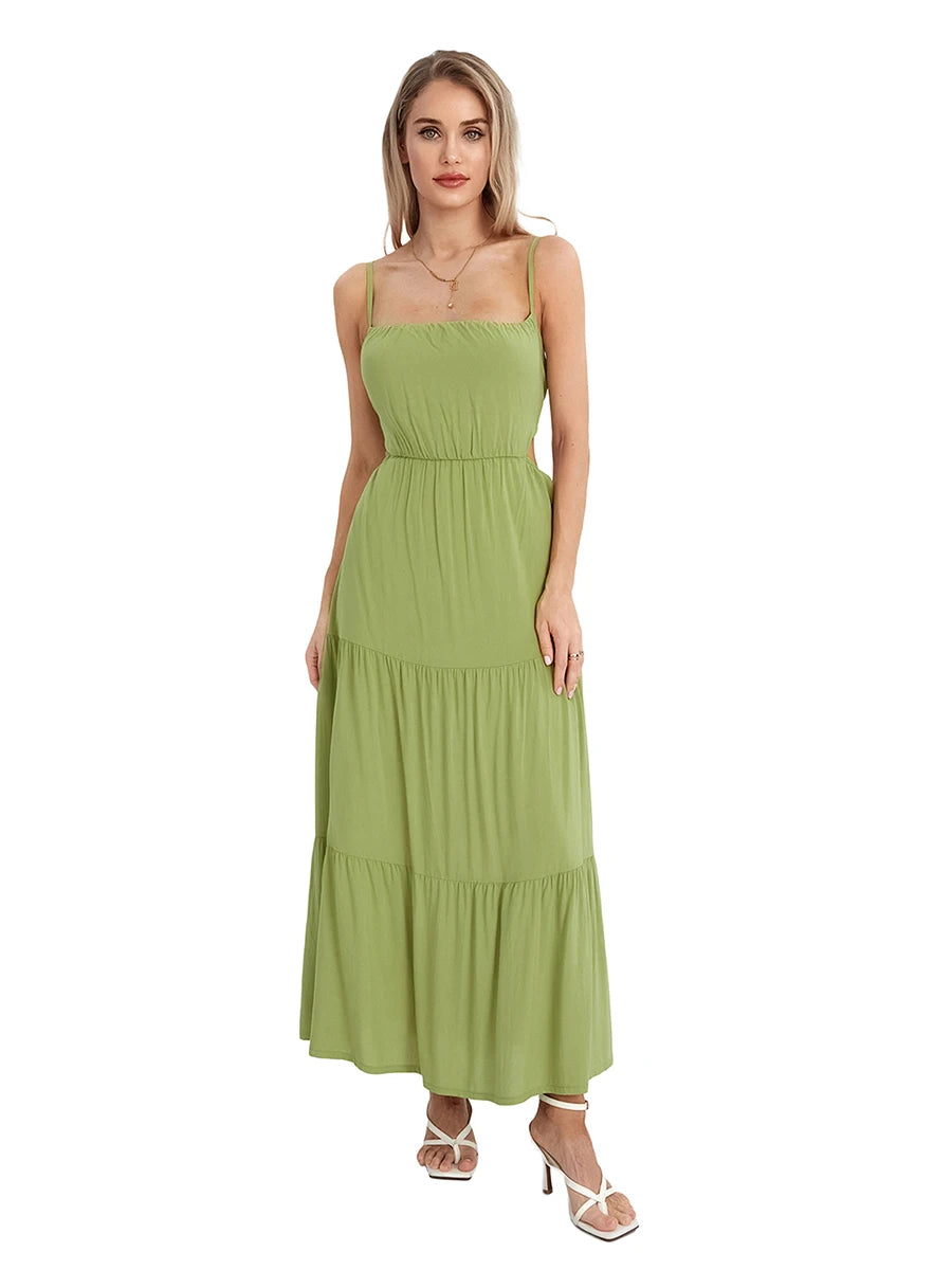 Elegant Sleeveless Maxi Dress with V-Neckline and Ruched Waist Detail for Women's Summer Fashion