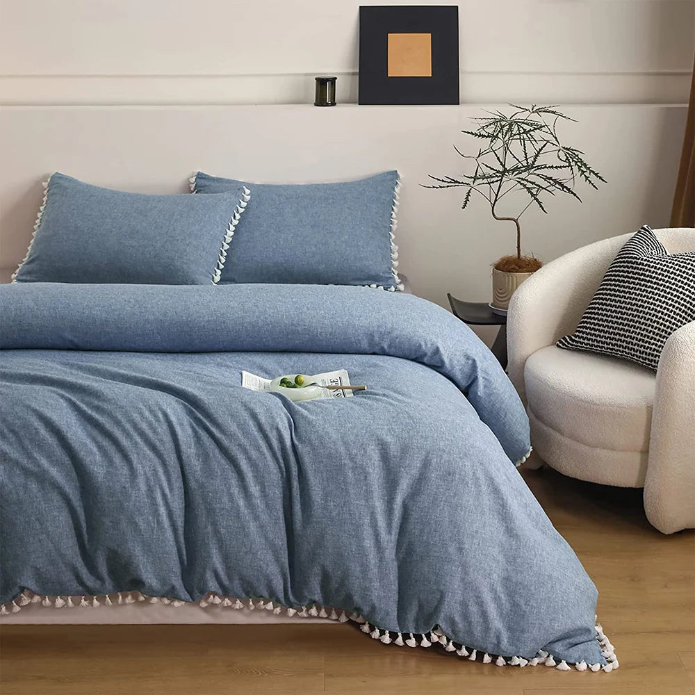 Boho Linen Cotton Bedding Set with Tassel Washed Comforter