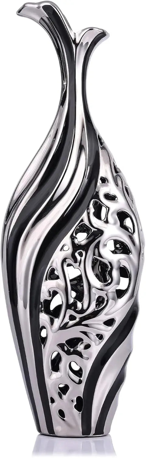 19.6-Inch Black Silver Floor Tall Slim Large Vase Modern Design