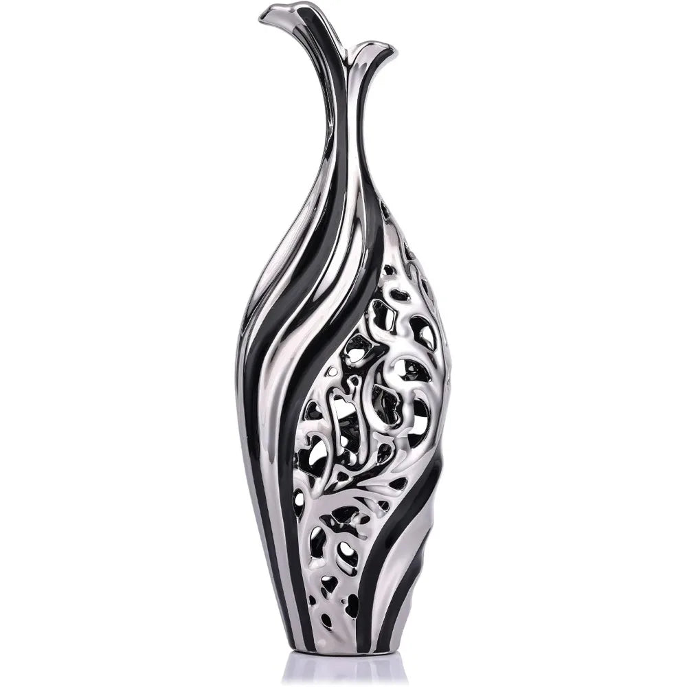 19.6-Inch Black Silver Floor Tall Slim Large Vase Modern Design