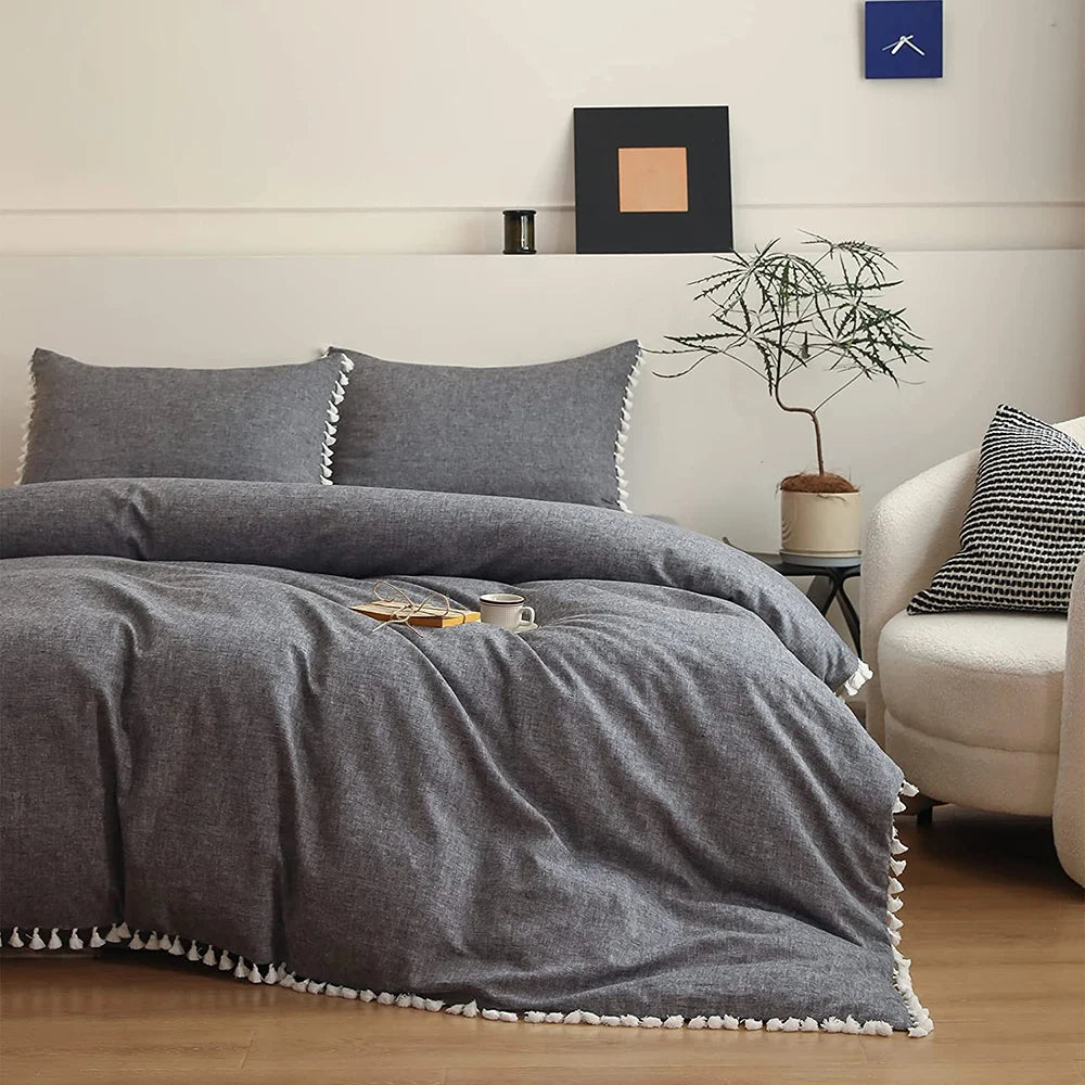 Boho Linen Cotton Bedding Set with Tassel Washed Comforter