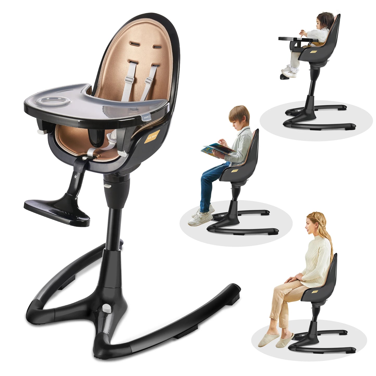 Hot Mom Baby High Chair With Adjustable Seat Height, Eating Chair with Foot Rest,Removable Tray,PU Leather Cushion