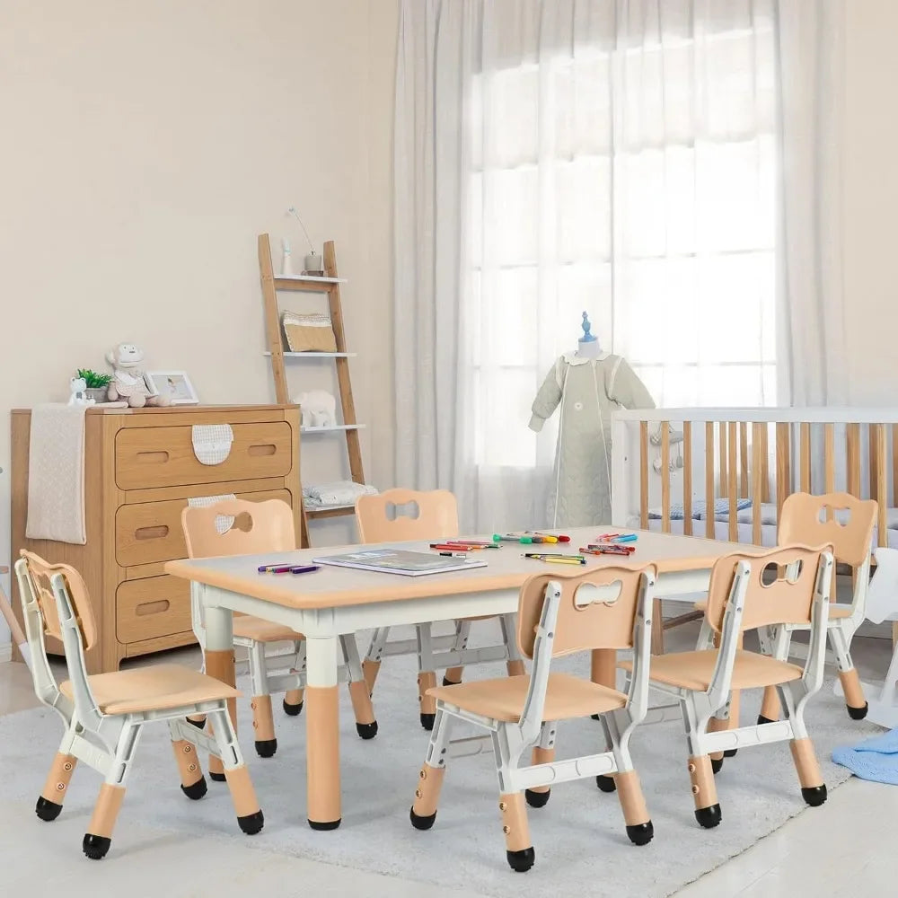 Kids Table and 6 Chairs Set, Height Adjustable Graffiti Table,Preschool Activity Art Craft Table,for Daycare Classroom Home Boys