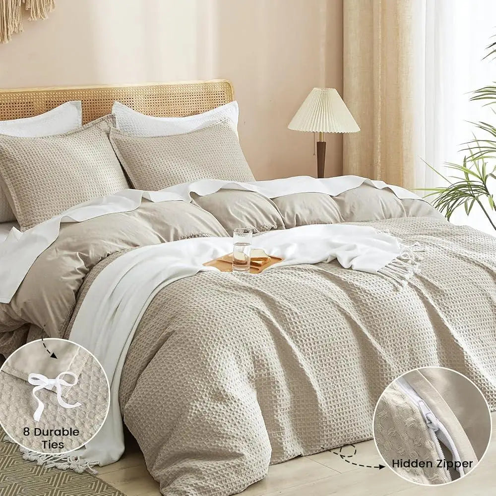 Ultra Soft Breathable Waffle Weave Duvet Cover Set Queen 3 Piece Comforter