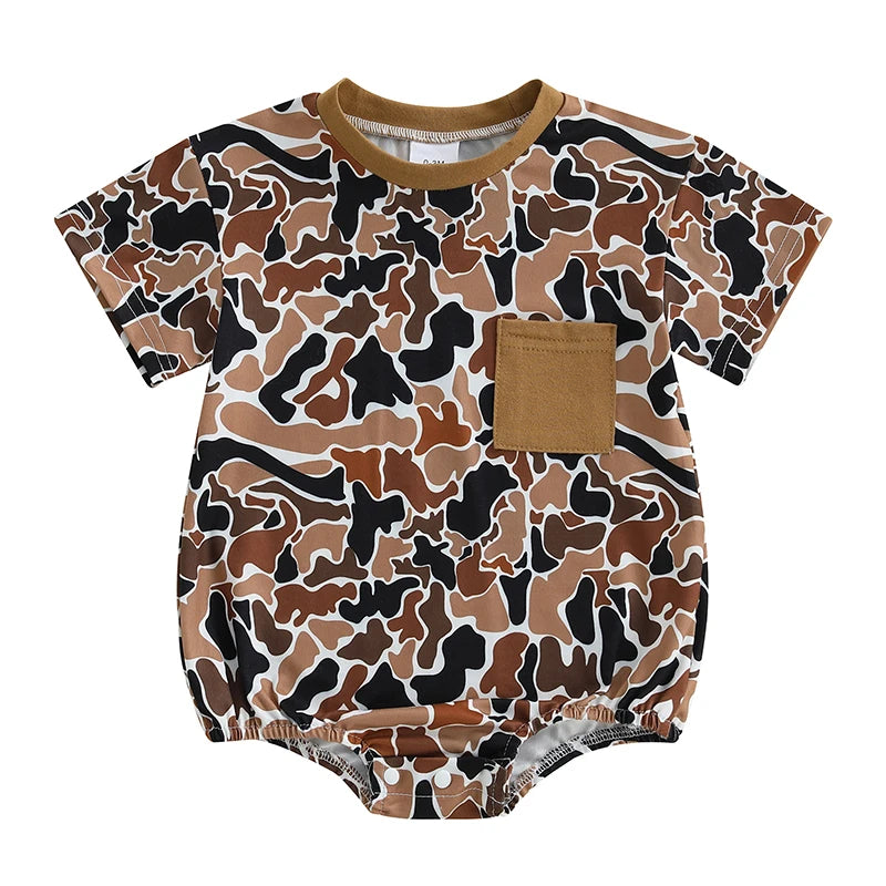 Toddler Boy Lightweight Cotton Short Sleeve Round Neck Camo Romper with Loose Fit