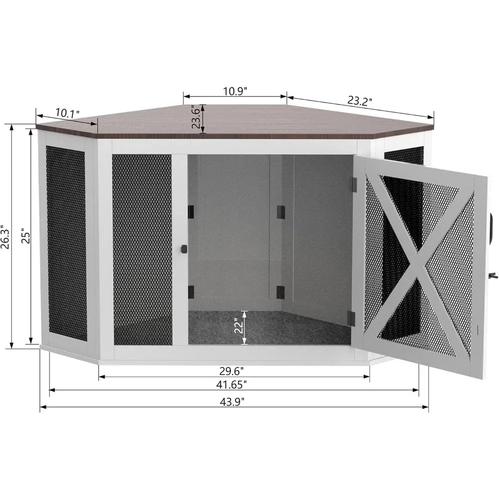 Corner Dog Crate Furniture, Wooden Dog Kennel End Table with Mesh