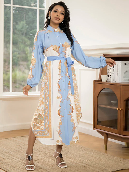 Elegant Women's Long-Sleeve Dress with Belt Chic Print