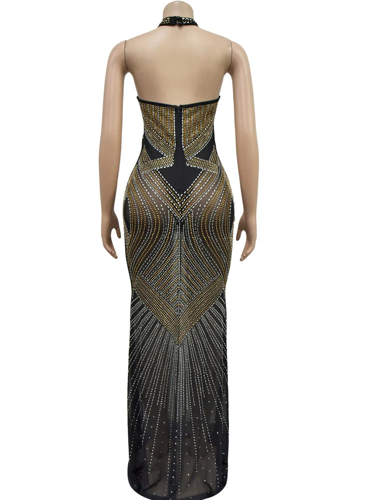 Beyprern Women's Rhinestones Décor Long Maxi Dress Glam