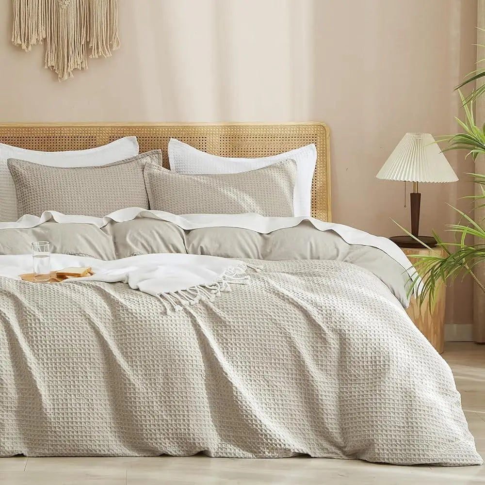 Ultra Soft Breathable Waffle Weave Duvet Cover Set Queen 3 Piece Comforter