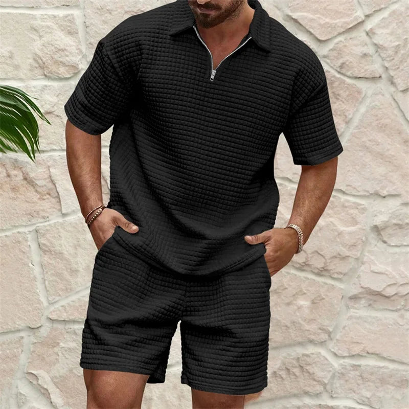 Men's Casual Outfit Short Sleeve Tee with Drawstring Shorts Set