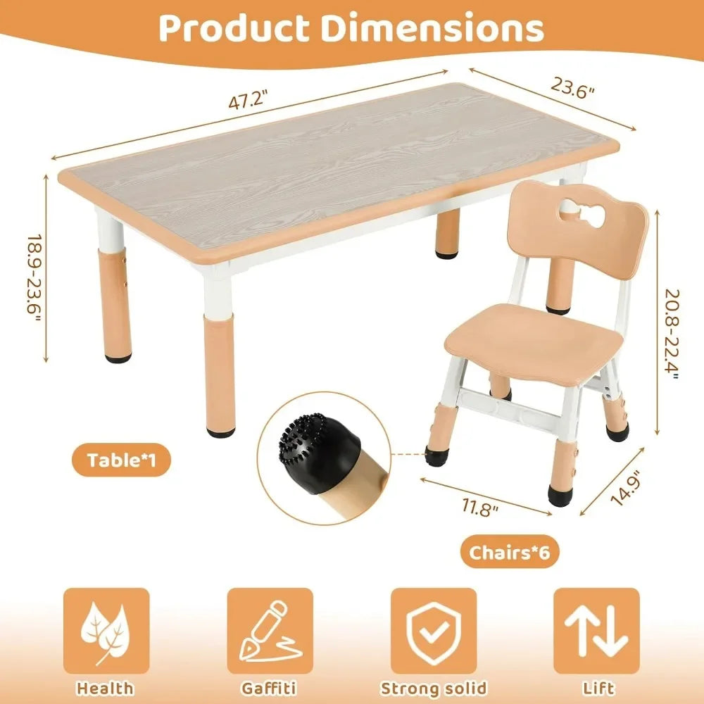 Kids Table and 6 Chairs Set, Height Adjustable Graffiti Table,Preschool Activity Art Craft Table,for Daycare Classroom Home Boys