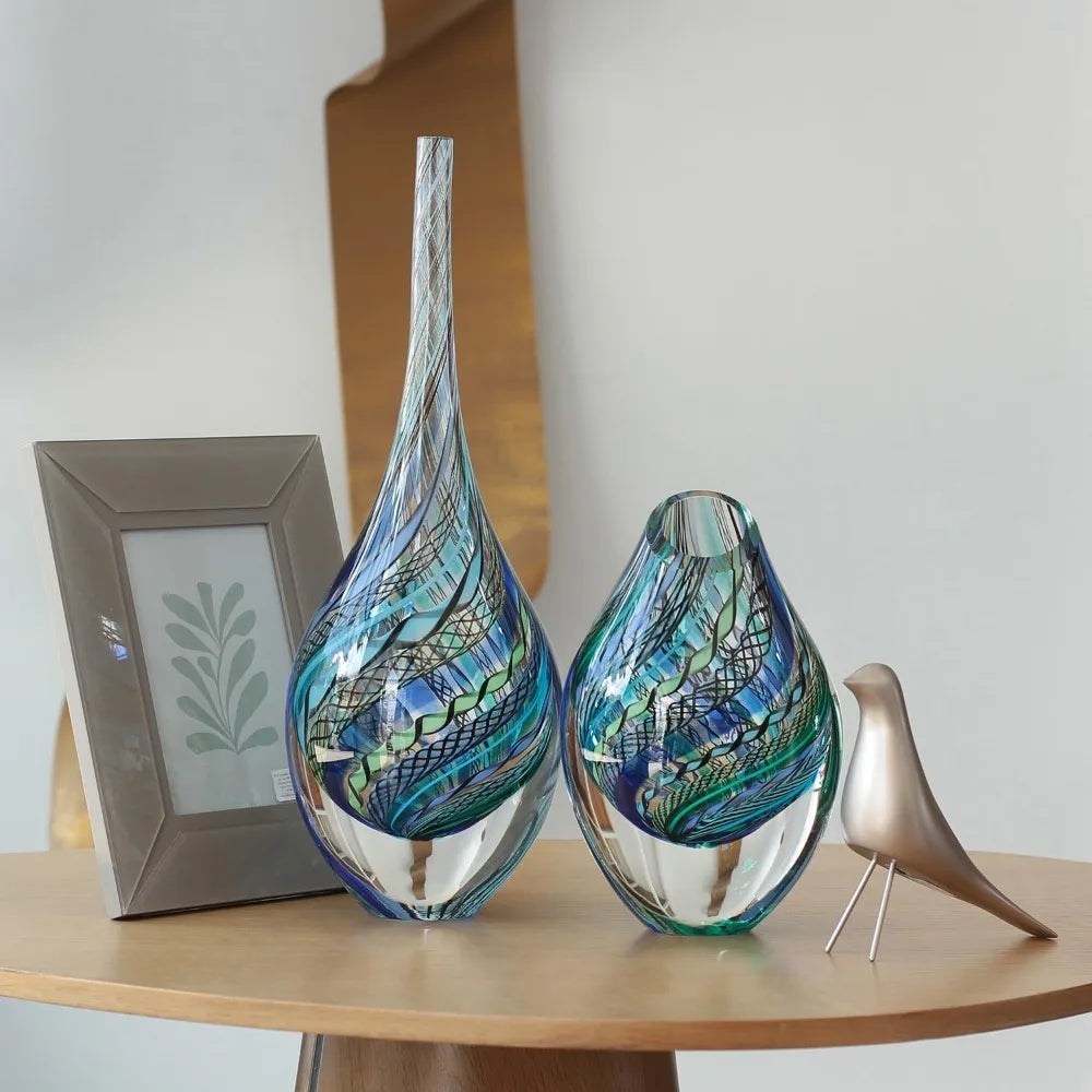 Blue Twisted Glass Vase Hand Blown Murano-Style Art Glass