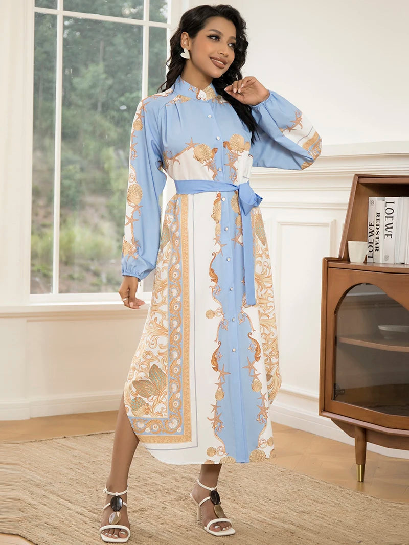 Elegant Women's Long-Sleeve Dress with Belt Chic Print