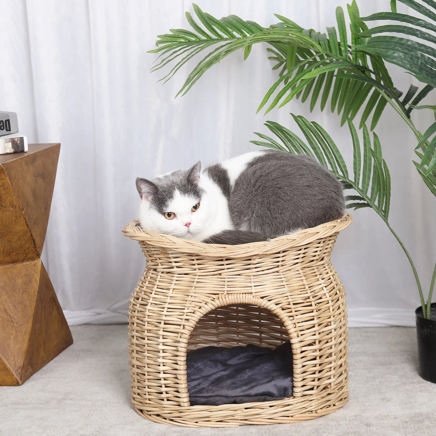 2-Tier Wicker Bunk Basket Cat Sleeping Bed Play House Furniture for Indoor Cats with 2 Pcs Soft Cushion Cave Bed, L *H 41x33.5CM