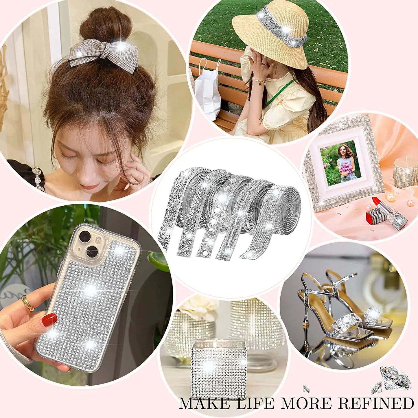 10Yard Rhinestone Ribbons Silver Self Adhesive Crystal Diamond Wrap