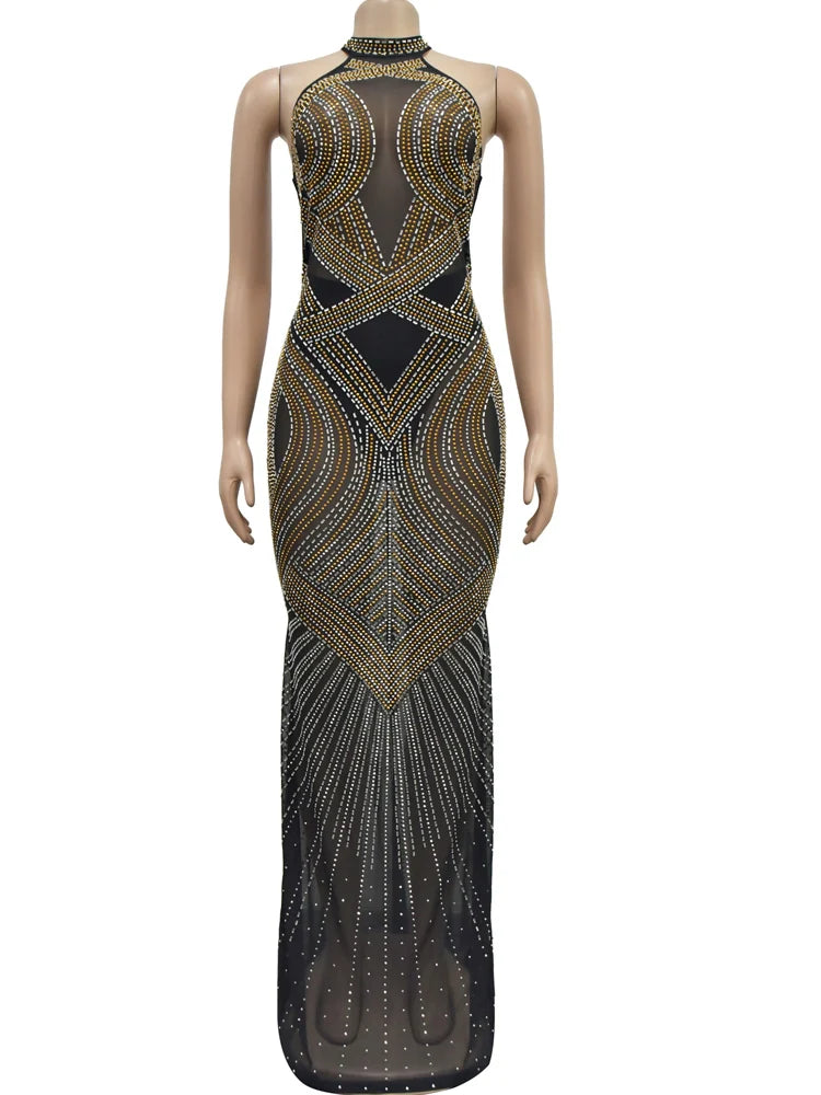 Beyprern Women's Rhinestones Décor Long Maxi Dress Glam