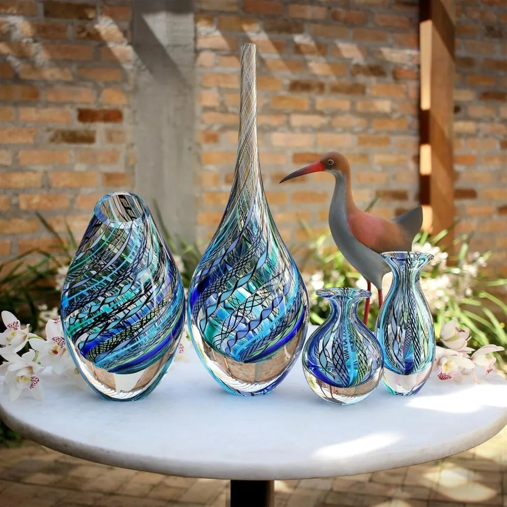 Blue Twisted Glass Vase Hand Blown Murano-Style Art Glass