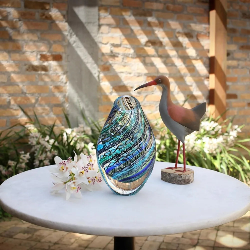 Blue Twisted Glass Vase Hand Blown Murano-Style Art Glass