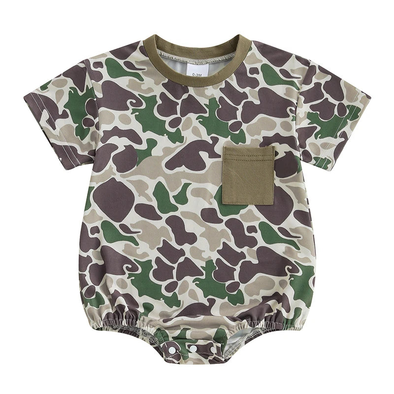 Toddler Boy Lightweight Cotton Short Sleeve Round Neck Camo Romper with Loose Fit