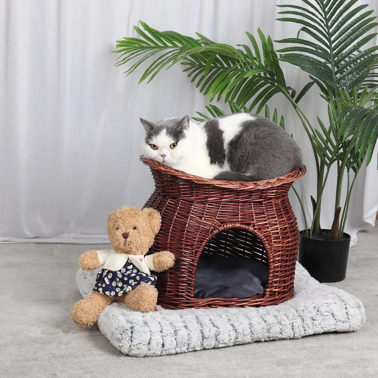 2-Tier Wicker Bunk Basket Cat Sleeping Bed Play House Furniture for Indoor Cats with 2 Pcs Soft Cushion Cave Bed, L *H 41x33.5CM