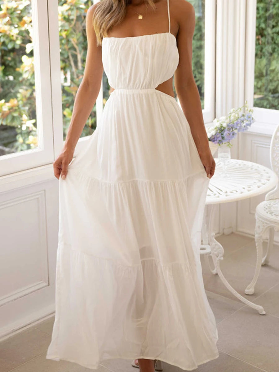 Elegant Sleeveless Maxi Dress with V-Neckline and Ruched Waist Detail for Women's Summer Fashion
