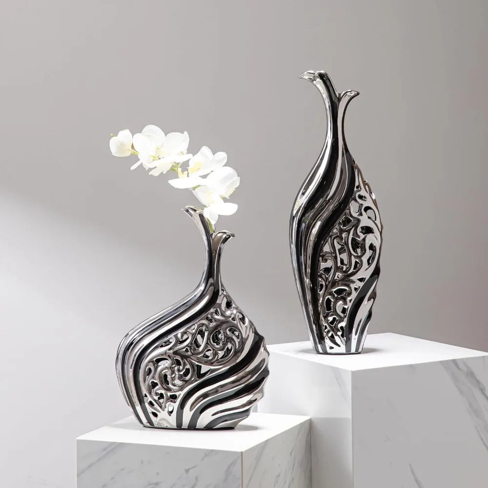 19.6-Inch Black Silver Floor Tall Slim Large Vase Modern Design