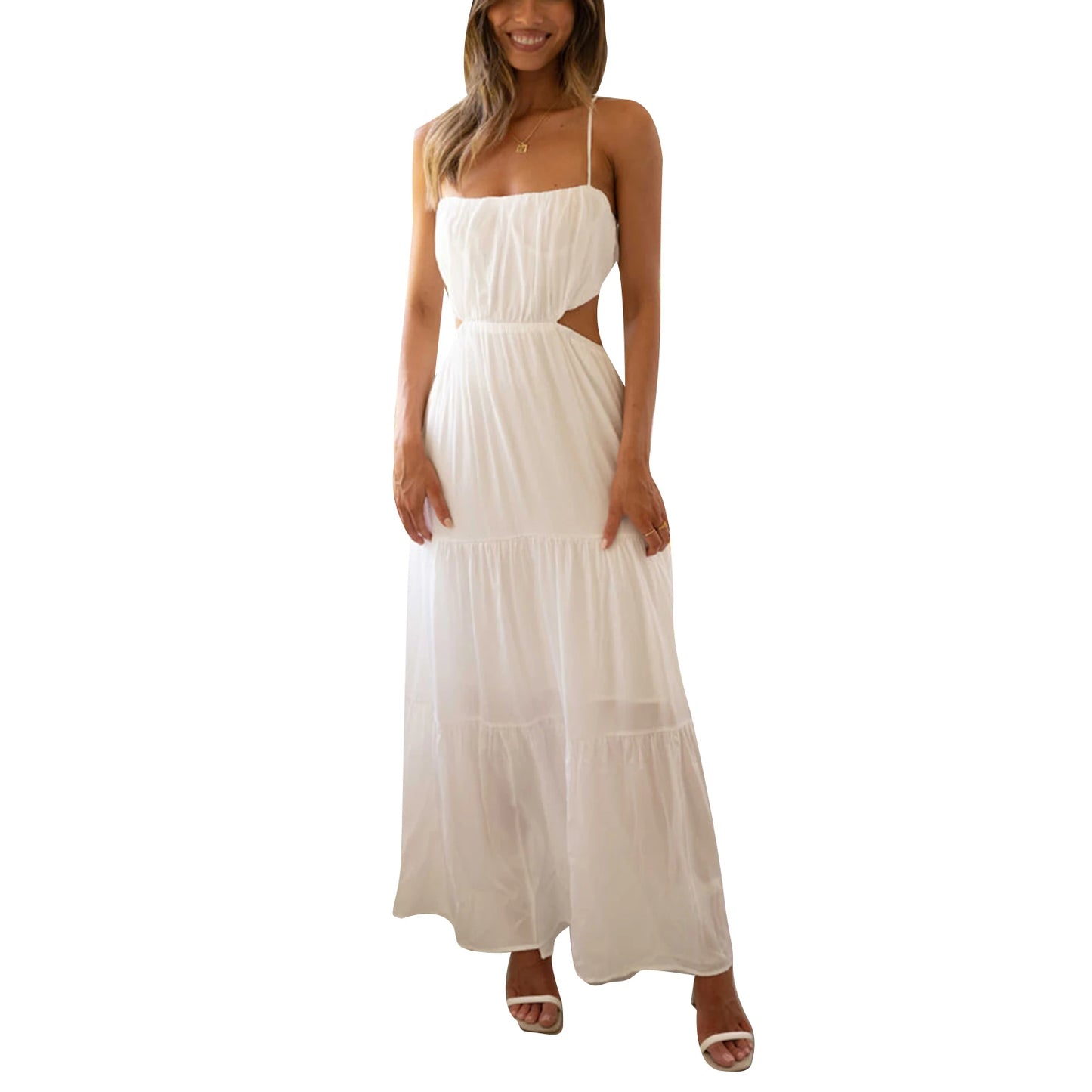 Elegant Sleeveless Maxi Dress with V-Neckline and Ruched Waist Detail for Women's Summer Fashion