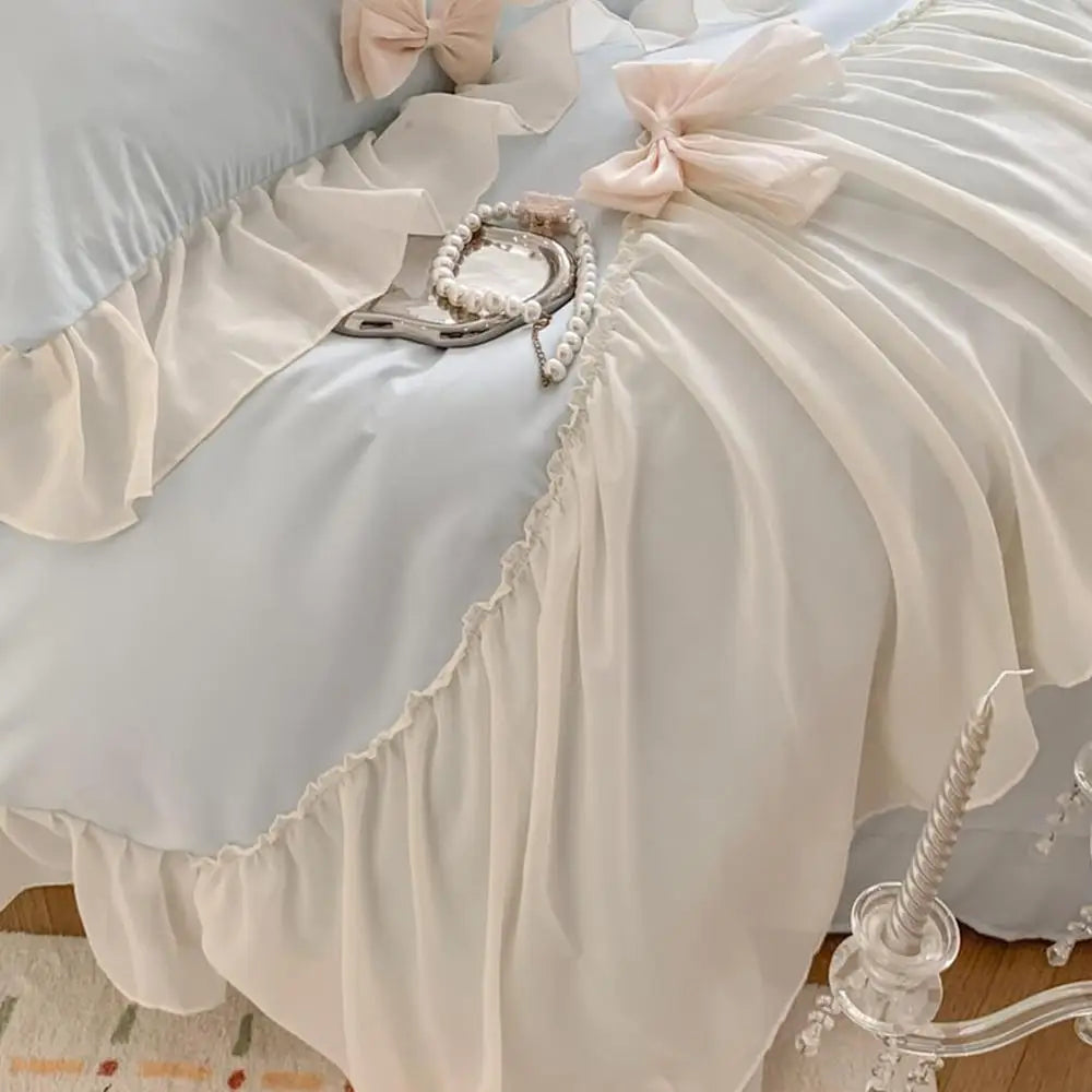 Ruffled Duvet Cover Set with Bowknot Tie