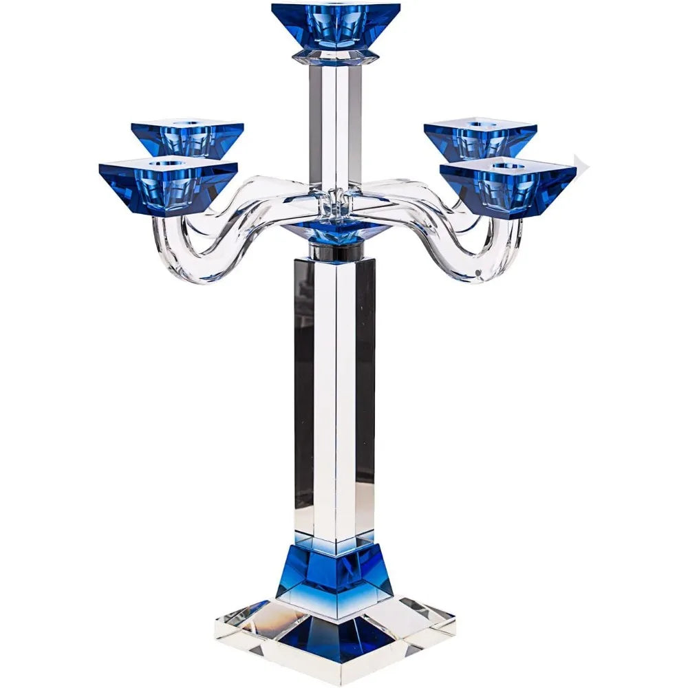 17 Inch Hand Forged Blue Crystal Candle Holder With Cut Surface