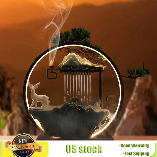 Bymaocar Indoor Water Fountain With Mist Touch Switch LED Light Incense Burner Waterfall Relaxing Table Decor