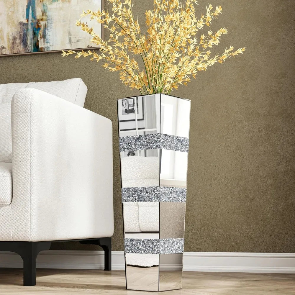 Mirrored Tall Floor Vase, 28 Inch Large Crushed Diamond Decor
