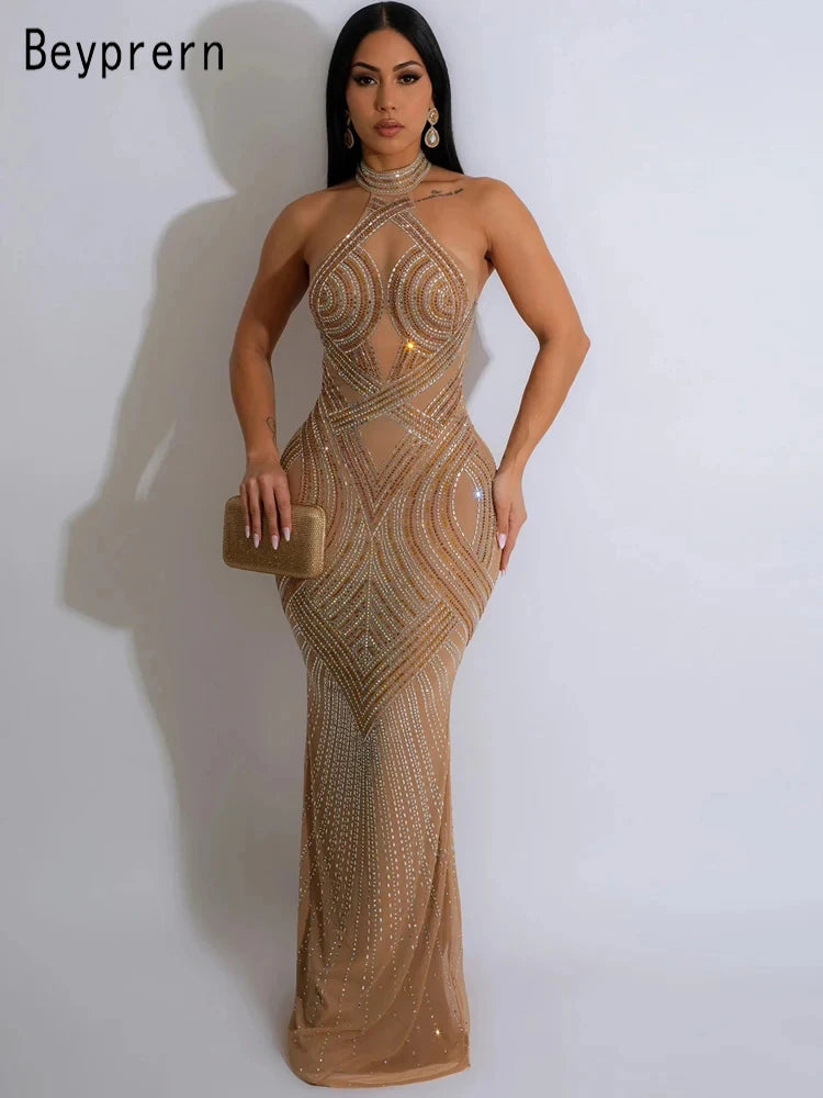 Beyprern Women's Rhinestones Décor Long Maxi Dress Glam