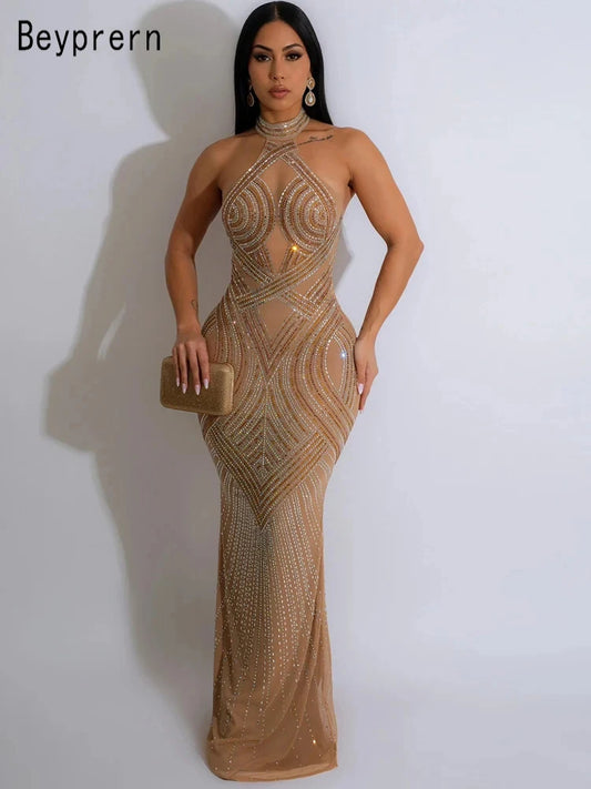 Beyprern Women's Rhinestones Décor Long Maxi Dress Glam