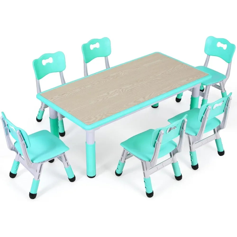 Kids Table and 6 Chairs Set, Height Adjustable Graffiti Table,Preschool Activity Art Craft Table,for Daycare Classroom Home Boys