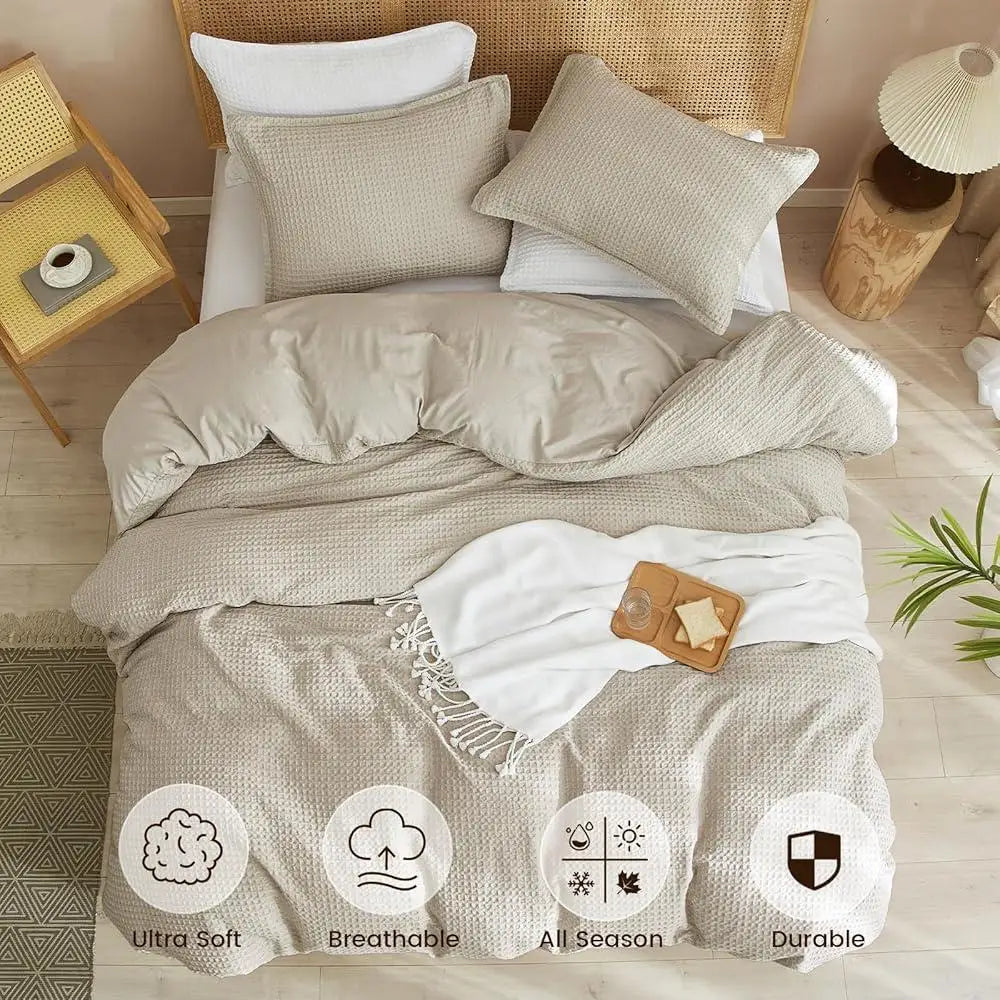 Ultra Soft Breathable Waffle Weave Duvet Cover Set Queen 3 Piece Comforter