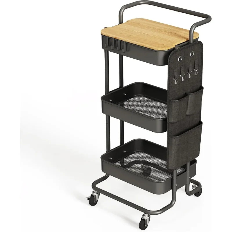3 Tier Metal Utility Rolling Cart with Table Top and Side Bags
