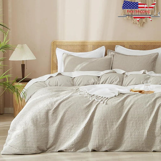Ultra Soft Breathable Waffle Weave Duvet Cover Set Queen 3 Piece Comforter