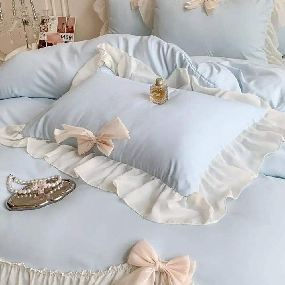 Ruffled Duvet Cover Set with Bowknot Tie