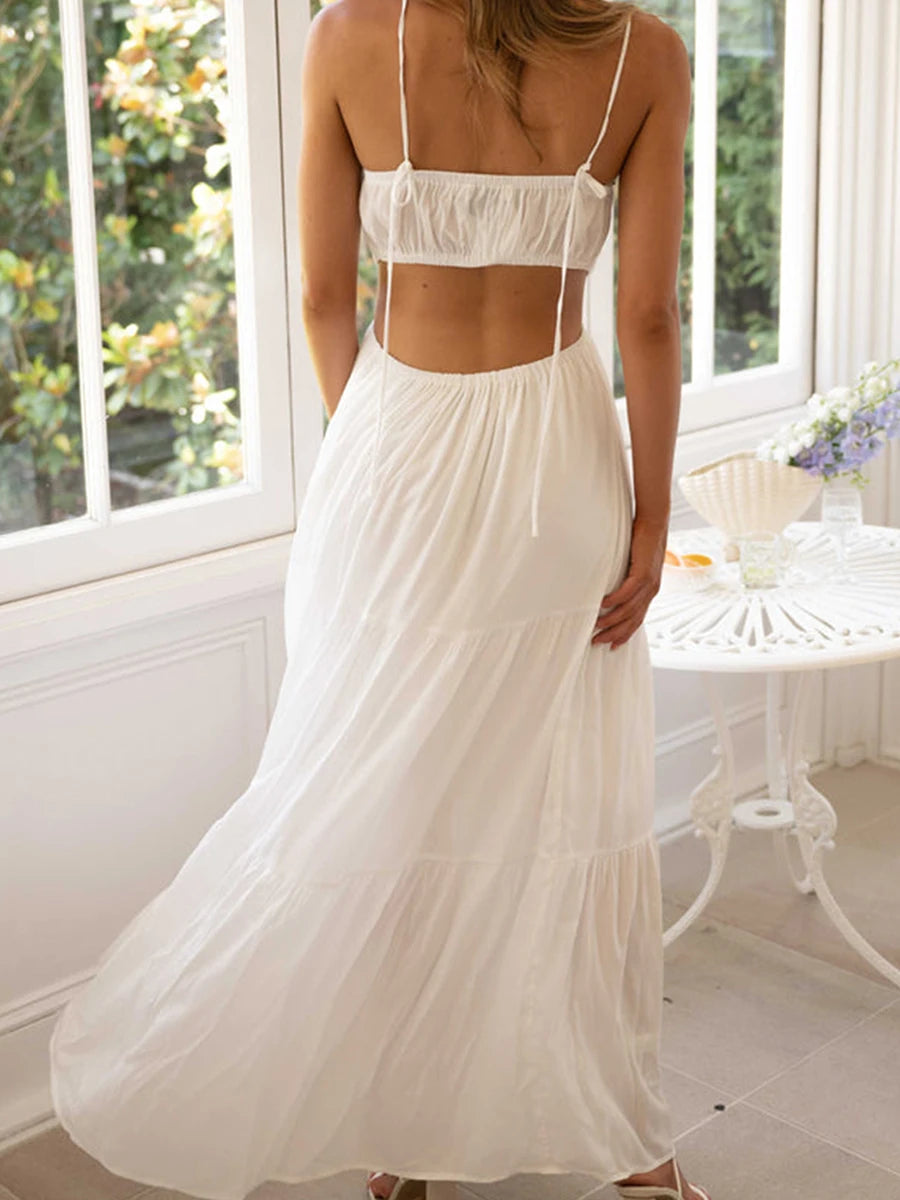 Elegant Sleeveless Maxi Dress with V-Neckline and Ruched Waist Detail for Women's Summer Fashion