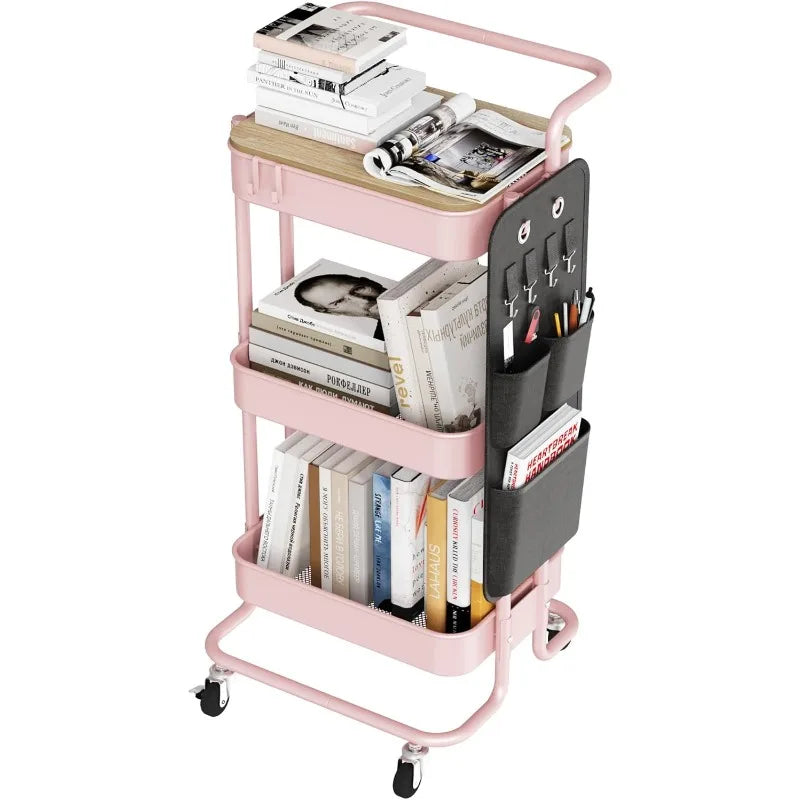 3 Tier Metal Utility Rolling Cart with Table Top and Side Bags