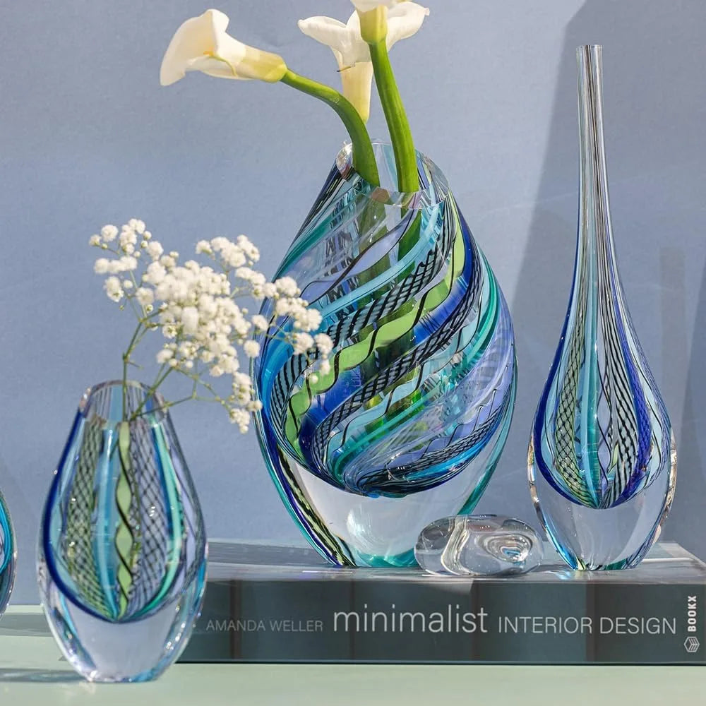 Blue Twisted Glass Vase Hand Blown Murano-Style Art Glass